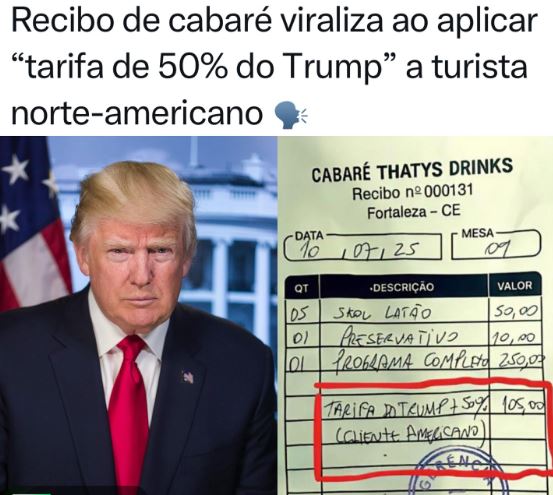 Recibo de cabaré viraliza ao aplicar "tarifa de 50% do Trump" a turista norte-americano